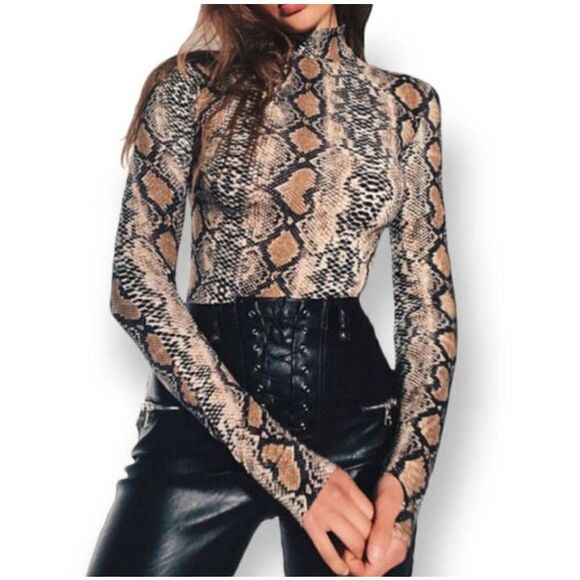 FASHION SNAKE PRINT BROWN & BLACK TURTLENECK BODYSUIT SZ.M EUC. - Picture 1 of 9